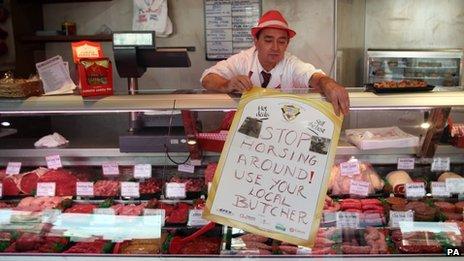 File photo of a butcher in the Scottish Borders advertising local butchers during the horsemeat scandal