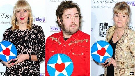 Winners Katie Paterson, Nick Helm and Kate Atkinson at South Bank Show awards