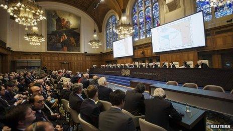 The interiors of the courtroom is pictured before the court case verdict over a maritime dispute between Chile and Peru is issued at the International Court of Justice (ICJ) in the Hague on 27 January, 2014