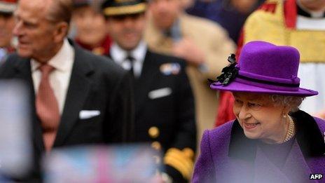 The Queen and Prince Philip arriving for a visit to Southwark Cathedral in London