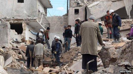 Bombed scene in Aleppo's Maadi neighbourhood on 29 January 2014