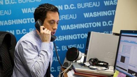 NY1 political reporter Michael Scotto works in his office in Washington DC on 29 January 2014