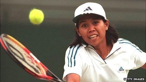 Yayuk Basuki of Indonesia in action at Wimbledon in the late 1990s