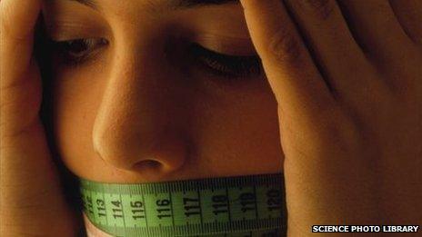 Girl with tape measure over her mouth