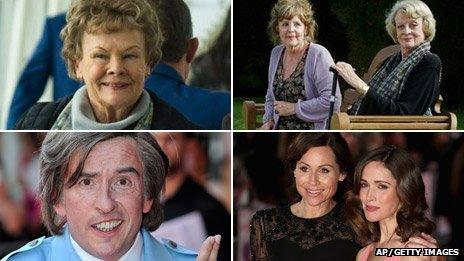 Clockwise from top left: Dame Judi Dench in Philomena, Pauline Collins and Dame Maggie Smith in Quartet, I Give It a Year stars Minnie Driver and Rose Byrne and Steve Coogan as Alan Partridge