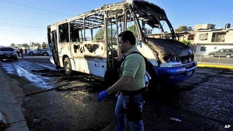 Burnt bus in Zapopan, outside Guadalajara