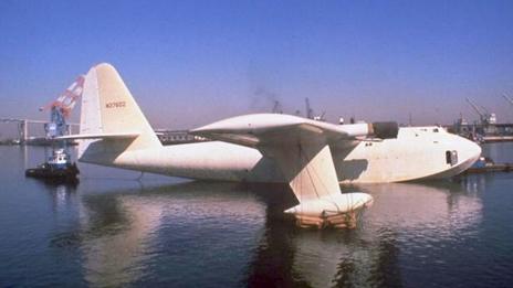 Howard Hughes wooden flying boat, known as the Spruce Goose, is towed from its hangar at Long Beach, California, on 29 Oct 1980, where it had been stored.