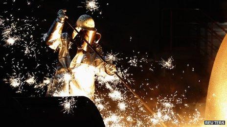 German steelmaker ThyssenKrupp controlling a blast furnace in Duisburg