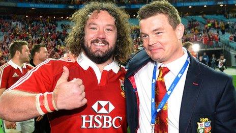 Adam Jones and Brian O'Driscoll after the Lions' third Test victory in Australia