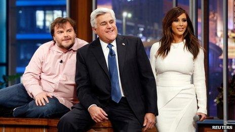 Jay Leno (centre) with Jack Black and Kim Kardashian