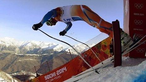 Norway's Aksel Lund Svindal pushes out of the start gate during a training run in Sochi