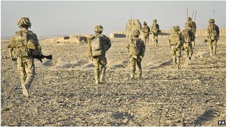 A line of soldiers walking through very dry terrain