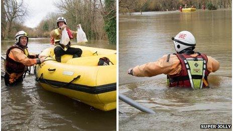 Firefighters help people trapped by floods in Wraysbury