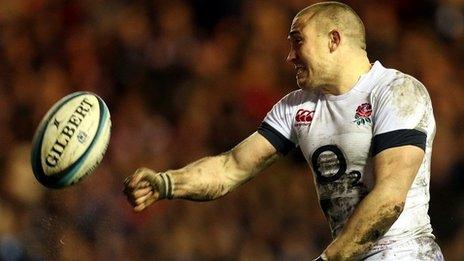 Mike Brown celebrates scoring England's second try