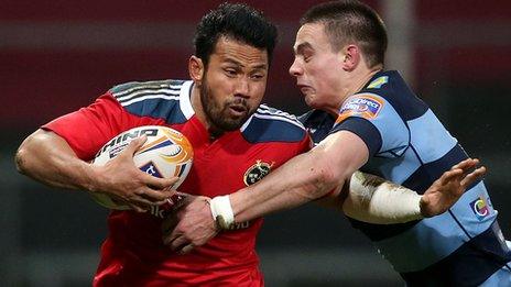 Munster's Casey Laulala in action against Chris Czekaj of Cardiff