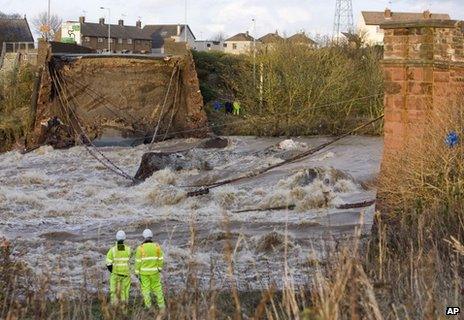 The collapsed bridge over the River Derwent in Workington after heavy rain and flooding in November 2009