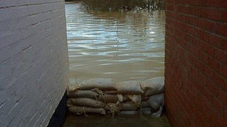 Sandbags in Fletchers Alley , Tewkesbury