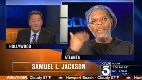 Samuel L Jackson being interviewed on KTLA