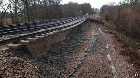 Damage caused to track near Stonegate, Sussex, following a landslip