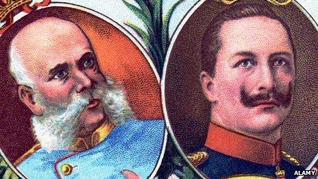 A postcard featuring Germany's Kaiser Wilhelm II (right) and Austrian Emperor Franz Joseph I (left)