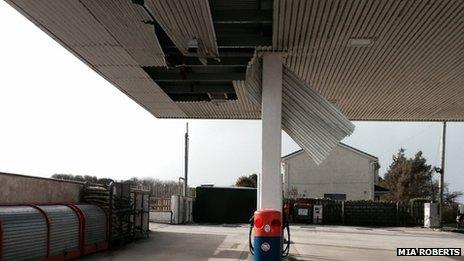 storm damage at Square and Compass petrol station