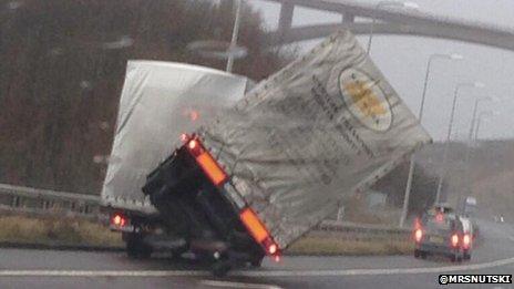 M62 lorry blown over