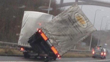 M62 lorry blown over