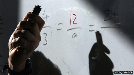 Maths equations on a school whiteboard