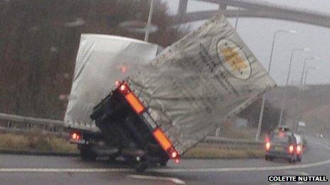 Lorry blows over on the M62