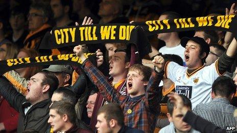 Hull City supporters protest against the changing of the club's name to Hull City Tigers during a match between Everton and Hull City (file photo)