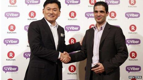 Hiroshi Mikitani, chief executive of Rakuten and Talmon Marco, Viber Media chief executive