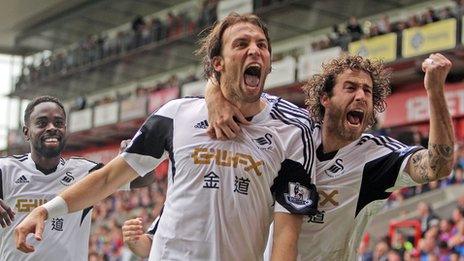 Swansea players Nathan Dyer, Michu and Jose Canas