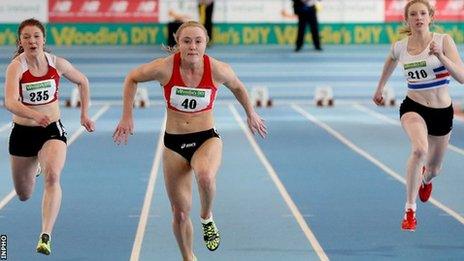 Amy Foster wins the 60m in Athlone