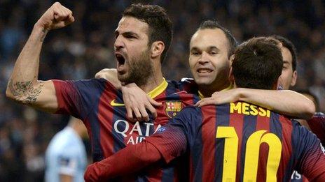 Fabregas, Iniesta and Messi celebrate for Barcelona against Manchester City