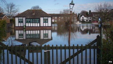 A flooded home in Laleham Reach, Surrey