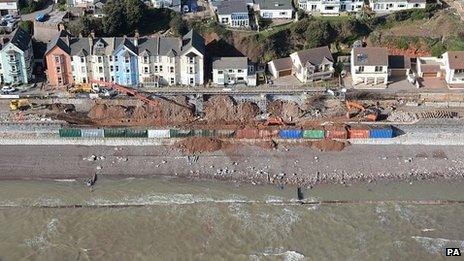 Work taking place on the rail line at Dawlish in Devon, which was swept away in the recent storms