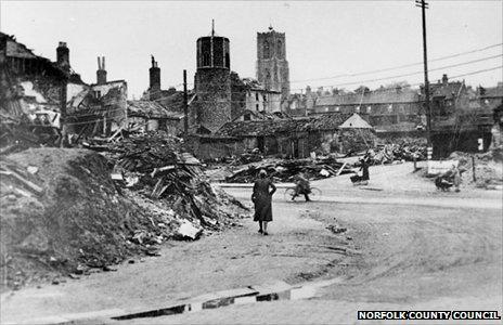 Bomb damage at the junction of St Benedicts and Grapes Hill, Norwich