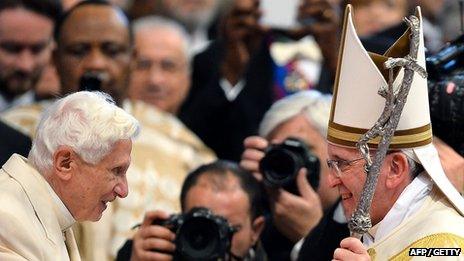 Former Pope Benedict XVI with Pope Francis