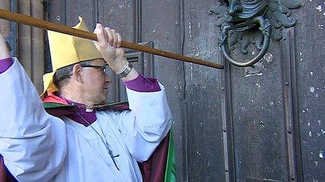 Bishop of Durham at the door of Durham Cathedral