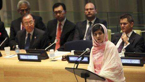 Malala Yousafzai addressing the UN in summer 2013