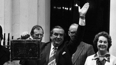 Denis Healey on the steps of Downing St with wife Edna on Budget Day