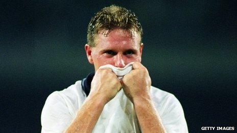 Paul Gascoigne of England bursts into tears after his side lost in the Italia 90 World Cup semi-final against West Germany at the Delle Alpi Stadium in Turin