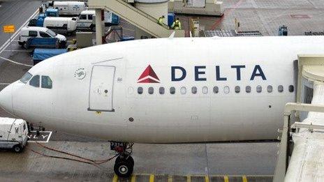 A Delta airplane at a gate in Amsterdam.