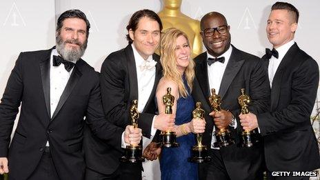 Steve McQueen and Brad Pitt (right) with fellow 12 Years a Slave producers Anthony Katagas, Jeremy Kleiner and Dede Gardner