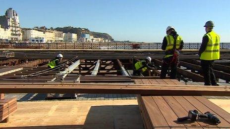 Decking being laid at Hastings Pier