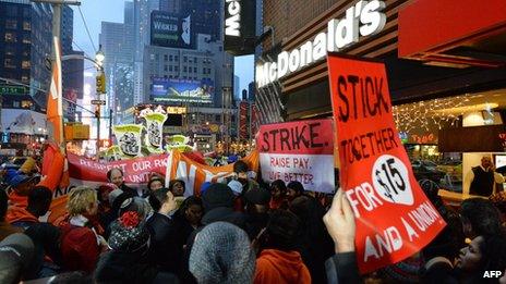 Striking workers outside a McDonald's outlet in the US