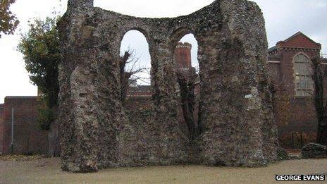 Part of the Abbey ruins with Reading Prison behind