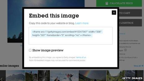 Embed image code on the Getty Images website