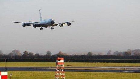 Rivet Joint aircraft arriving at RAF Waddington