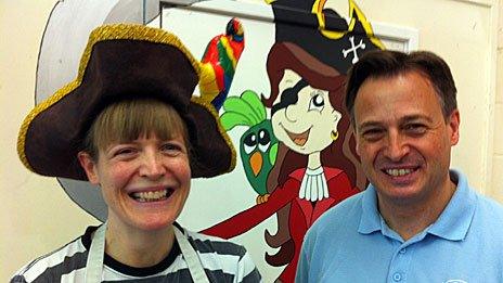 Jim Holditch, Head Teacher of Godinton Primary School with award winning school chef, Hazel Forrester in the Jolly Roger Cafe.